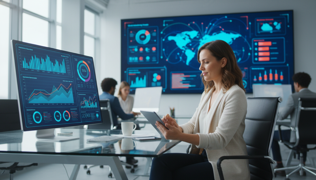 A modern office environment featuring various analytics tools for marketing measurement. In the foreground, a sleek digital dashboard displaying colorful graphs and metrics, indicating growth and engagement statistics. In the middle, a professional businesswoman in smart casual attire, analyzing the data on a high-tech tablet, her expression focused and engaged. In the background, a large screen shows dynamic charts and infographics, colorfully representing marketing trends. Soft, natural lighting filters through large windows, creating a bright and motivational atmosphere. The overall mood is one of confidence and progress, symbolizing success in measurement and strategy. The angle is slightly elevated, capturing the workspace and the tools in an inspiring composition. A modern office environment featuring various analytics tools for marketing measurement. In the foreground, a sleek digital dashboard displaying colorful graphs and metrics, indicating growth and engagement statistics. In the middle, a professional businesswoman in smart casual attire, analyzing the data on a high-tech tablet, her expression focused and engaged. In the background, a large screen shows dynamic charts and infographics, colorfully representing marketing trends. Soft, natural lighting filters through large windows, creating a bright and motivational atmosphere. The overall mood is one of confidence and progress, symbolizing success in measurement and strategy. The angle is slightly elevated, capturing the workspace and the tools in an inspiring composition.