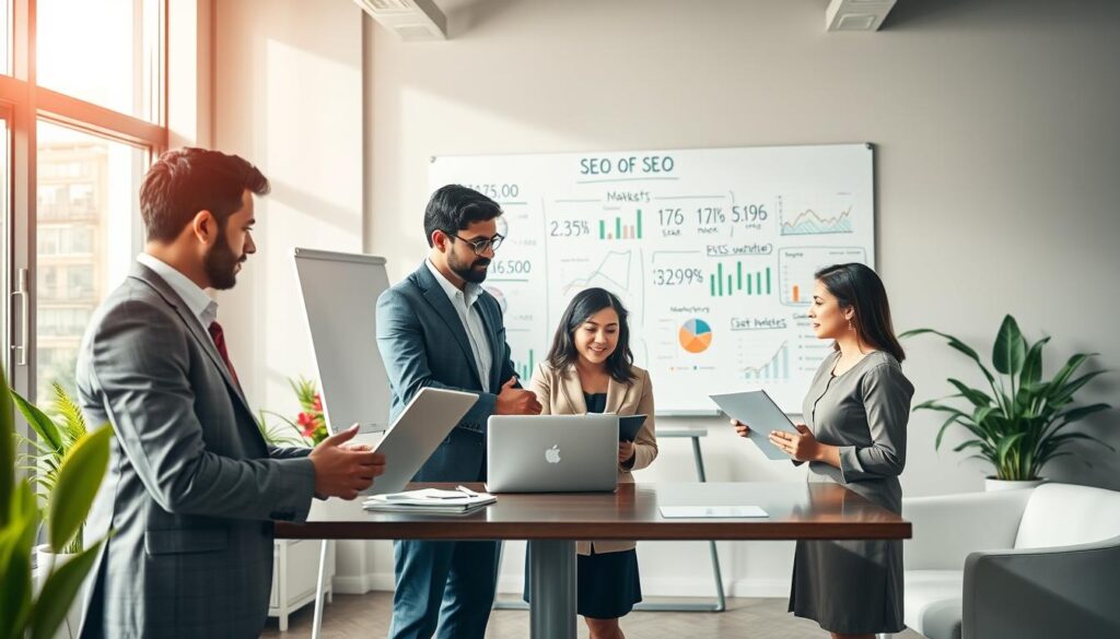 A modern office environment showcasing an SEO consultation meeting in progress. In the foreground, a diverse group of professionals—two men in smart business suits and a woman in a smart, modest dress—are engaged in a lively discussion, analyzing graphs and charts on a laptop. In the middle ground, a large whiteboard is filled with marketing strategies and SEO metrics, emphasizing the ROI of SEO investments. The background features a large window with natural light pouring in, creating a bright and energetic atmosphere. The room is equipped with sleek furniture and colorful plants, conveying a sense of innovation and professionalism. Soft shadows create depth, while a warm color palette enhances the inviting mood of the consultation. A modern office environment showcasing an SEO consultation meeting in progress. In the foreground, a diverse group of professionals—two men in smart business suits and a woman in a smart, modest dress—are engaged in a lively discussion, analyzing graphs and charts on a laptop. In the middle ground, a large whiteboard is filled with marketing strategies and SEO metrics, emphasizing the ROI of SEO investments. The background features a large window with natural light pouring in, creating a bright and energetic atmosphere. The room is equipped with sleek furniture and colorful plants, conveying a sense of innovation and professionalism. Soft shadows create depth, while a warm color palette enhances the inviting mood of the consultation.