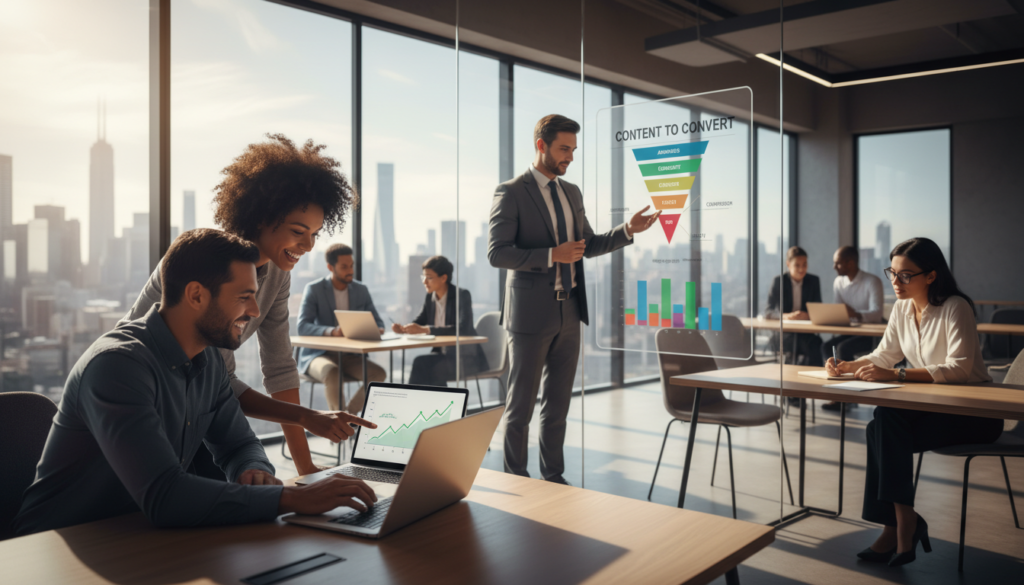 A modern office environment with a diverse group of professionals engaged in a collaborative content marketing strategy session. In the foreground, two businesspeople—a Black woman and a Hispanic man—are analyzing data on a laptop, with enthusiasm visible on their faces. In the middle ground, a white man in a suit presents a colorful infographic displayed on a screen, while another woman, of Middle-Eastern descent, takes notes. The background features a glass wall with a city skyline, providing a bright and airy atmosphere. Soft, natural lighting floods the room, enhancing the sense of teamwork and innovation. The composition should emphasize unity and professionalism, reflecting the concept of content marketing that effectively converts prospects into clients. A modern office environment with a diverse group of professionals engaged in a collaborative content marketing strategy session. In the foreground, two businesspeople—a Black woman and a Hispanic man—are analyzing data on a laptop, with enthusiasm visible on their faces. In the middle ground, a white man in a suit presents a colorful infographic displayed on a screen, while another woman, of Middle-Eastern descent, takes notes. The background features a glass wall with a city skyline, providing a bright and airy atmosphere. Soft, natural lighting floods the room, enhancing the sense of teamwork and innovation. The composition should emphasize unity and professionalism, reflecting the concept of content marketing that effectively converts prospects into clients.
