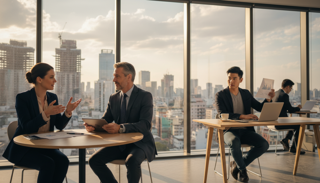 A modern office setting depicting diverse ideal client personas for consulting services. In the foreground, a professional woman in business attire discussing strategies with a thoughtful middle-aged man in a suit, both engaged in an animated conversation. In the middle ground, a young entrepreneur in smart casual clothing works on a laptop while reviewing documents, symbolizing the tech-savvy client. The background features a glass wall showcasing a city skyline, with warm, natural lighting filtering through, creating a motivating atmosphere. The composition captures synergy and collaboration, with individual personas representing a blend of backgrounds and industries, emphasizing understanding and targeting in consulting. The overall mood is optimistic and professional, focused on growth and connection. A modern office setting depicting diverse ideal client personas for consulting services. In the foreground, a professional woman in business attire discussing strategies with a thoughtful middle-aged man in a suit, both engaged in an animated conversation. In the middle ground, a young entrepreneur in smart casual clothing works on a laptop while reviewing documents, symbolizing the tech-savvy client. The background features a glass wall showcasing a city skyline, with warm, natural lighting filtering through, creating a motivating atmosphere. The composition captures synergy and collaboration, with individual personas representing a blend of backgrounds and industries, emphasizing understanding and targeting in consulting. The overall mood is optimistic and professional, focused on growth and connection.
