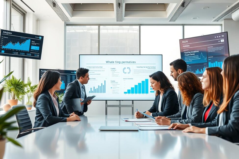 A modern office workspace filled with digital screens displaying data analytics and SEO graphs. In the foreground, a diverse group of professionals in smart business attire collaborates around a sleek table, analyzing charts and data trends. The middle ground features an interactive whiteboard filled with keywords and strategies for online marketing. The background showcases a bright, airy office space with subtle greenery, large windows letting in soft natural light, and a futuristic feel. The mood is focused and innovative, conveying a sense of teamwork and strategic planning. Capture this scene with a slightly elevated angle to emphasize the dynamic energy of the collaboration, ensuring clarity and vibrancy throughout the image.