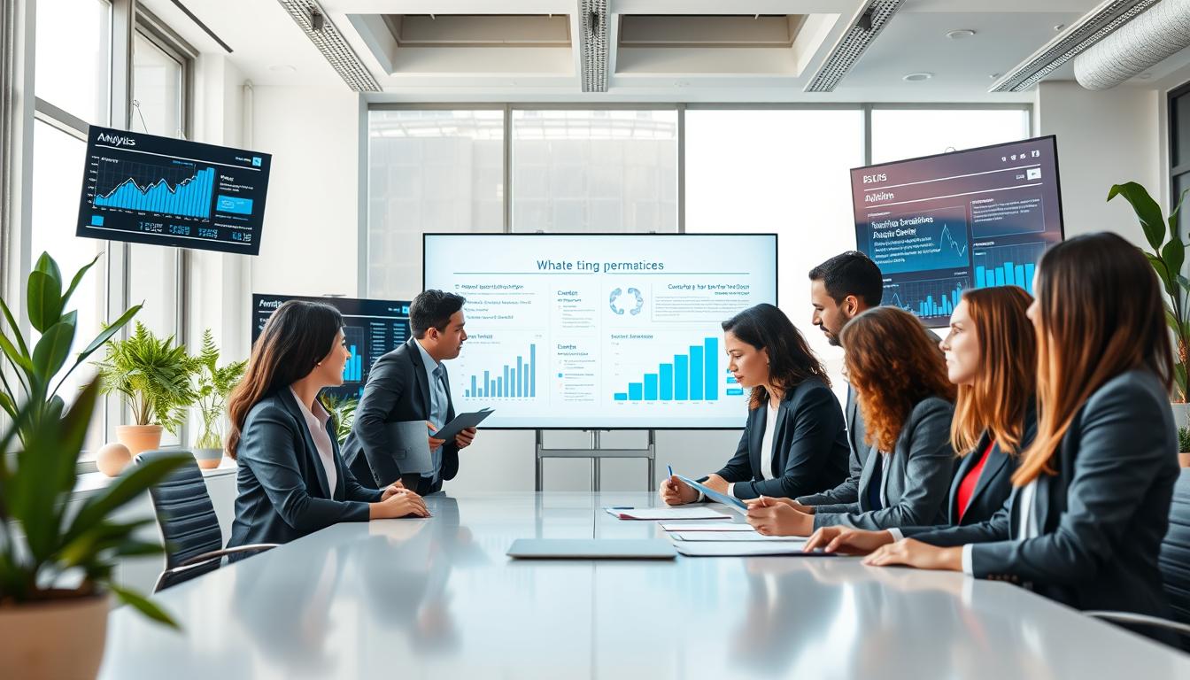 A-modern-office-workspace-filled-with-digital-screens-displaying-data-analytics-and-SEO-graphs A modern office workspace filled with digital screens displaying data analytics and SEO graphs. In the foreground, a diverse group of professionals in smart business attire collaborates around a sleek table, analyzing charts and data trends. The middle ground features an interactive whiteboard filled with keywords and strategies for online marketing. The background showcases a bright, airy office space with subtle greenery, large windows letting in soft natural light, and a futuristic feel. The mood is focused and innovative, conveying a sense of teamwork and strategic planning. Capture this scene with a slightly elevated angle to emphasize the dynamic energy of the collaboration, ensuring clarity and vibrancy throughout the image.