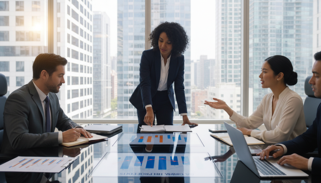 A modern, professional office setting with a diverse group of business people engaged in financial discussions. In the foreground, a confident woman in a tailored blazer stands at a sleek conference table, pointing at a digital presentation displaying growth charts. A man in a suit is taking notes while another person gestures towards the presentation. In the middle ground, semi-transparent financial documents and laptops suggest active collaboration. The background features large windows with cityscape views and natural light streaming in, creating a bright and optimistic atmosphere. The overall mood is energetic and focused, symbolizing the power of financial guidance marketing for business growth. The image should be captured with a vibrant color palette, utilizing a wide-angle lens to encompass the dynamic interactions in the scene. A modern, professional office setting with a diverse group of business people engaged in financial discussions. In the foreground, a confident woman in a tailored blazer stands at a sleek conference table, pointing at a digital presentation displaying growth charts. A man in a suit is taking notes while another person gestures towards the presentation. In the middle ground, semi-transparent financial documents and laptops suggest active collaboration. The background features large windows with cityscape views and natural light streaming in, creating a bright and optimistic atmosphere. The overall mood is energetic and focused, symbolizing the power of financial guidance marketing for business growth. The image should be captured with a vibrant color palette, utilizing a wide-angle lens to encompass the dynamic interactions in the scene.