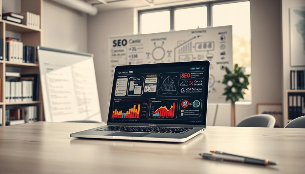 A modern, sleek workspace illustrating technical SEO factors, with a foreground featuring a high-tech laptop displaying performance graphs and website metrics. The middle layer shows a whiteboard filled with detailed diagrams of website architecture, crawlability, and mobile optimization. Background elements include bookshelves with SEO textbooks, a large window with bright natural light pouring in, hinting at a vibrant office environment. The lighting is soft and warm, creating a focused atmosphere conducive to productivity. The composition is shot at a slightly elevated angle, capturing the workspace's depth and complexity, while maintaining a professional and organized aesthetic. The overall mood is innovative and inspiring, inviting the viewer to delve into the world of technical SEO. A modern, sleek workspace illustrating technical SEO factors, with a foreground featuring a high-tech laptop displaying performance graphs and website metrics. The middle layer shows a whiteboard filled with detailed diagrams of website architecture, crawlability, and mobile optimization. Background elements include bookshelves with SEO textbooks, a large window with bright natural light pouring in, hinting at a vibrant office environment. The lighting is soft and warm, creating a focused atmosphere conducive to productivity. The composition is shot at a slightly elevated angle, capturing the workspace's depth and complexity, while maintaining a professional and organized aesthetic. The overall mood is innovative and inspiring, inviting the viewer to delve into the world of technical SEO.