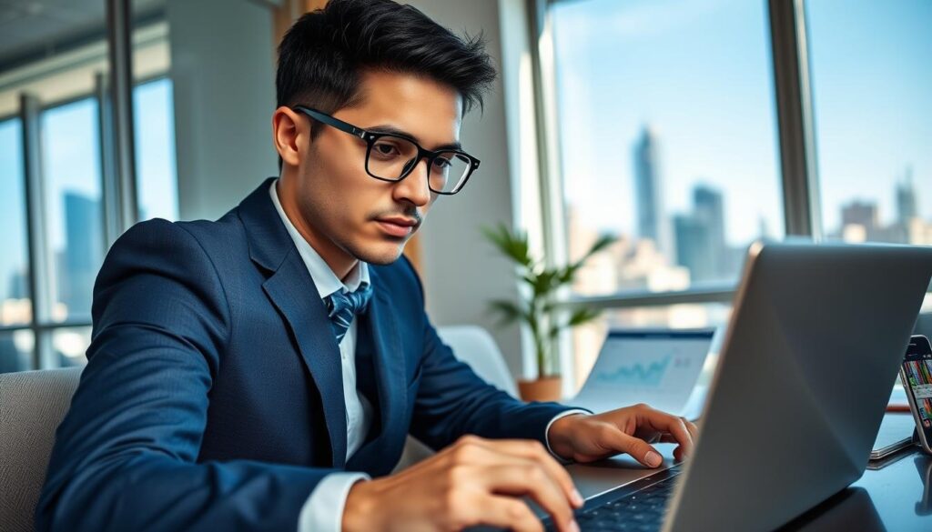 A professional SEO consultant in a modern office environment. In the foreground, a confident individual with short black hair and glasses, dressed in a tailored blue suit, is analyzing data on a laptop. The middle area features a stylish desk with SEO-related materials: charts, graphs, and a smartphone showing website analytics. In the background, a window reveals a city skyline with clear blue skies, emphasizing a bright and optimistic mood. Soft, focused lighting highlights the consultant's attentive expression, creating a sense of professionalism and expertise. The shot uses a slightly low angle to convey the authority and competence of the consultant, with a depth of field that subtly blurs the background for focus. A professional SEO consultant in a modern office environment. In the foreground, a confident individual with short black hair and glasses, dressed in a tailored blue suit, is analyzing data on a laptop. The middle area features a stylish desk with SEO-related materials: charts, graphs, and a smartphone showing website analytics. In the background, a window reveals a city skyline with clear blue skies, emphasizing a bright and optimistic mood. Soft, focused lighting highlights the consultant's attentive expression, creating a sense of professionalism and expertise. The shot uses a slightly low angle to convey the authority and competence of the consultant, with a depth of field that subtly blurs the background for focus.