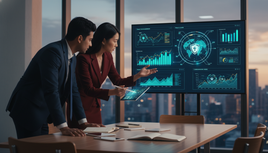 A professional cybersecurity lead generation scene set in a modern office environment. In the foreground, a diverse group of three business professionals, two men and one woman, engaged in a dynamic discussion around a sleek conference table, all dressed in smart business attire. The middle ground features a large digital display showcasing cybersecurity metrics and lead generation statistics, with graphs and charts glowing in vibrant colors. In the background, large windows reveal a city skyline at dusk, with ambient light spilling into the room, creating a warm yet professional atmosphere. The lighting is soft but focused, accentuating the concentration on the professionals' faces, capturing a mood of innovation and collaboration. Use a wide-angle lens to emphasize the space and active engagement in this strategic marketing context. A professional cybersecurity lead generation scene set in a modern office environment. In the foreground, a diverse group of three business professionals, two men and one woman, engaged in a dynamic discussion around a sleek conference table, all dressed in smart business attire. The middle ground features a large digital display showcasing cybersecurity metrics and lead generation statistics, with graphs and charts glowing in vibrant colors. In the background, large windows reveal a city skyline at dusk, with ambient light spilling into the room, creating a warm yet professional atmosphere. The lighting is soft but focused, accentuating the concentration on the professionals' faces, capturing a mood of innovation and collaboration. Use a wide-angle lens to emphasize the space and active engagement in this strategic marketing context.