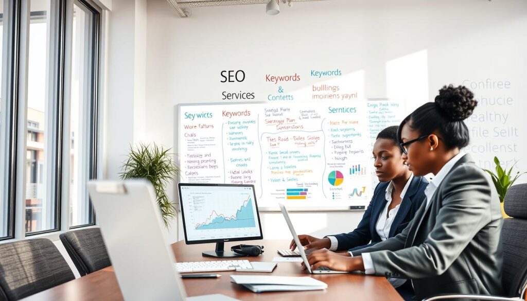 A professional, modern office environment showcasing an SEO services team at work. In the foreground, two diverse professionals in business attire collaborate over a laptop, analyzing SEO analytics graphs displayed on the screen. In the middle, a whiteboard filled with strategic plan outlines, keywords, and colorful diagrams related to digital marketing and SEO strategies. The background features a wall with motivational quotes about online visibility and growth. Soft, natural lighting streams through large windows, creating an inviting atmosphere. The angle is slightly above eye level, capturing the interaction and the vibrant workspace, conveying a dynamic and results-driven mood. Focus on the details of the workspace, emphasizing technology and teamwork while maintaining a clean and professional aesthetic. A professional, modern office environment showcasing an SEO services team at work. In the foreground, two diverse professionals in business attire collaborate over a laptop, analyzing SEO analytics graphs displayed on the screen. In the middle, a whiteboard filled with strategic plan outlines, keywords, and colorful diagrams related to digital marketing and SEO strategies. The background features a wall with motivational quotes about online visibility and growth. Soft, natural lighting streams through large windows, creating an inviting atmosphere. The angle is slightly above eye level, capturing the interaction and the vibrant workspace, conveying a dynamic and results-driven mood. Focus on the details of the workspace, emphasizing technology and teamwork while maintaining a clean and professional aesthetic.