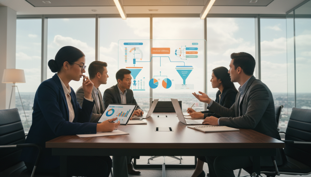 A professional, modern office setting showcasing diverse business advisors collaborating around a sleek conference table. In the foreground, a thoughtful female advisor with glasses, dressed in smart professional attire, analyzes a digital tablet filled with marketing analytics. Beside her, a male advisor gestures enthusiastically, pointing to a large screen displaying colorful charts and graphs related to marketing strategies. In the middle, a diverse group of professionals is engaged in discussion, surrounded by notepads and laptops, blending into the background of a well-lit room with large windows showing a city skyline. Warm, inviting lighting creates an optimistic atmosphere, emphasizing teamwork and innovation in tackling unique marketing challenges. The image captures a sense of focus and collaboration, ideal for conveying specialized advisory services. A professional, modern office setting showcasing diverse business advisors collaborating around a sleek conference table. In the foreground, a thoughtful female advisor with glasses, dressed in smart professional attire, analyzes a digital tablet filled with marketing analytics. Beside her, a male advisor gestures enthusiastically, pointing to a large screen displaying colorful charts and graphs related to marketing strategies. In the middle, a diverse group of professionals is engaged in discussion, surrounded by notepads and laptops, blending into the background of a well-lit room with large windows showing a city skyline. Warm, inviting lighting creates an optimistic atmosphere, emphasizing teamwork and innovation in tackling unique marketing challenges. The image captures a sense of focus and collaboration, ideal for conveying specialized advisory services.