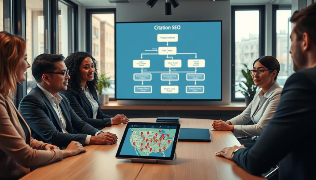 A professional office environment showcasing local citation building. In the foreground, a diverse group of three professionals, dressed in smart business attire, are seated around a modern conference table, deeply engaged in discussion with a digital tablet displaying a map with pinned local businesses. In the middle, a digital screen on the wall illustrates a flowchart of local SEO strategies, highlighting citation management processes. The background features a bright office space with large windows allowing natural light to flood in, creating an inviting atmosphere. The overall mood is collaborative and focused, with soft, warm lighting to enhance productivity and engagement. The camera angle is slightly elevated, capturing the workspace from above, emphasizing the teamwork involved in optimizing local citations. A professional office environment showcasing local citation building. In the foreground, a diverse group of three professionals, dressed in smart business attire, are seated around a modern conference table, deeply engaged in discussion with a digital tablet displaying a map with pinned local businesses. In the middle, a digital screen on the wall illustrates a flowchart of local SEO strategies, highlighting citation management processes. The background features a bright office space with large windows allowing natural light to flood in, creating an inviting atmosphere. The overall mood is collaborative and focused, with soft, warm lighting to enhance productivity and engagement. The camera angle is slightly elevated, capturing the workspace from above, emphasizing the teamwork involved in optimizing local citations.