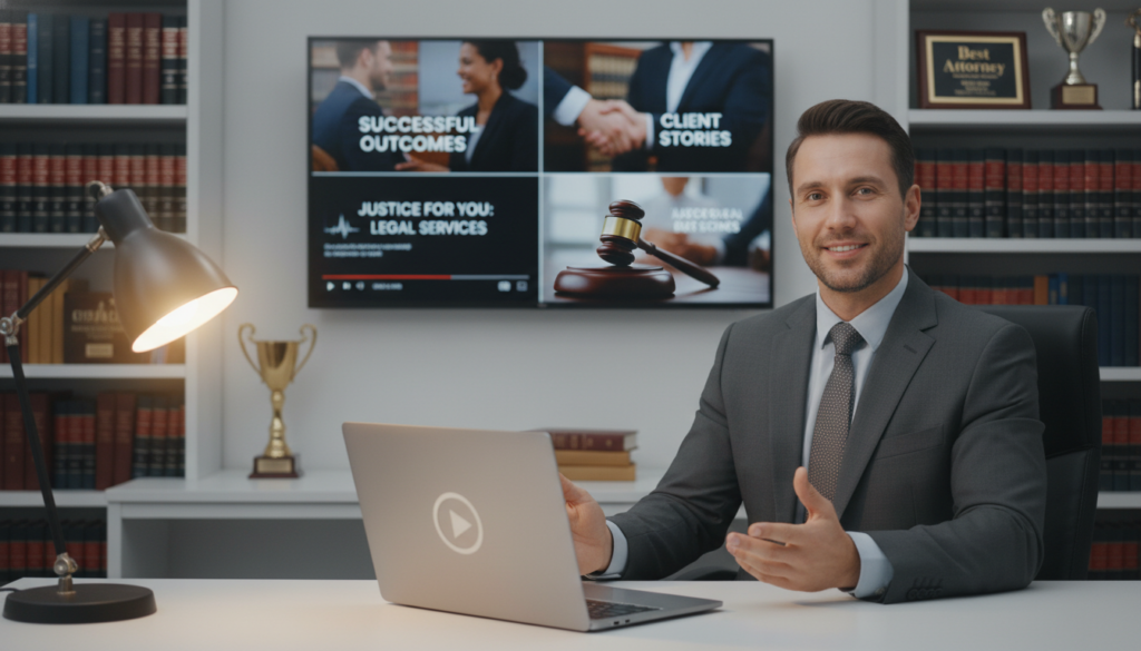 A professional scene demonstrating video marketing for personal injury attorneys. In the foreground, a confident, well-dressed attorney sits at a sleek desk with a laptop open, showcasing a video about legal services. The attorney is focused and compassionate, conveying trustworthiness. The middle ground features a large monitor displaying vibrant video clips of successful case outcomes and client testimonials. In the background, an organized office with law books and awards adds an air of professionalism. Soft, warm lighting from a desk lamp creates an inviting atmosphere, while a shallow depth of field emphasizes the attorney as the focal point. The mood is encouraging and inspirational, highlighting the effectiveness of video marketing in building client relationships. A professional scene demonstrating video marketing for personal injury attorneys. In the foreground, a confident, well-dressed attorney sits at a sleek desk with a laptop open, showcasing a video about legal services. The attorney is focused and compassionate, conveying trustworthiness. The middle ground features a large monitor displaying vibrant video clips of successful case outcomes and client testimonials. In the background, an organized office with law books and awards adds an air of professionalism. Soft, warm lighting from a desk lamp creates an inviting atmosphere, while a shallow depth of field emphasizes the attorney as the focal point. The mood is encouraging and inspirational, highlighting the effectiveness of video marketing in building client relationships.