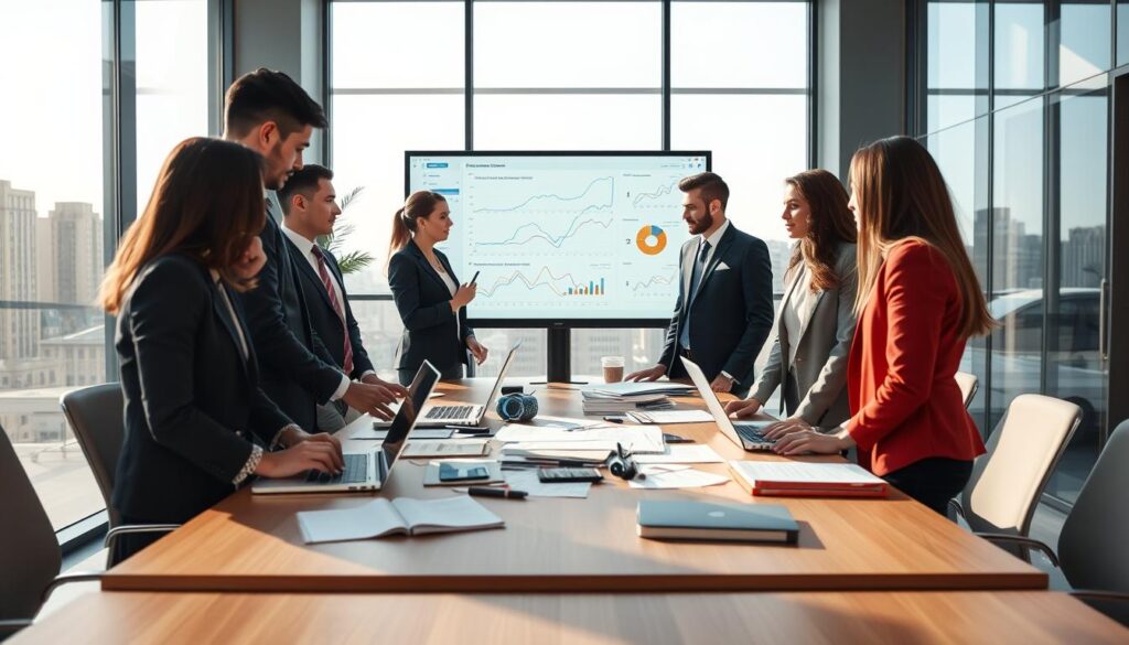 A professional setting showcasing a modern office space focused on Technical SEO Optimization. In the foreground, a diverse group of professionals, dressed in smart business attire, are engaged in a discussion around a large digital screen displaying complex analytics and graphs related to website performance. In the middle, the desk is cluttered with notepads, laptops, and SEO-related tools symbolizing strategic planning. The background reveals a sleek, minimalist office environment with large windows allowing natural light to flood in, creating a bright and inviting atmosphere. Soft shadows enhance the mood, while a warm color palette suggests a sense of productivity and collaboration. Ensure the angle captures the dynamic interaction between the team members and the technological elements they are analyzing. A professional setting showcasing a modern office space focused on Technical SEO Optimization. In the foreground, a diverse group of professionals, dressed in smart business attire, are engaged in a discussion around a large digital screen displaying complex analytics and graphs related to website performance. In the middle, the desk is cluttered with notepads, laptops, and SEO-related tools symbolizing strategic planning. The background reveals a sleek, minimalist office environment with large windows allowing natural light to flood in, creating a bright and inviting atmosphere. Soft shadows enhance the mood, while a warm color palette suggests a sense of productivity and collaboration. Ensure the angle captures the dynamic interaction between the team members and the technological elements they are analyzing.