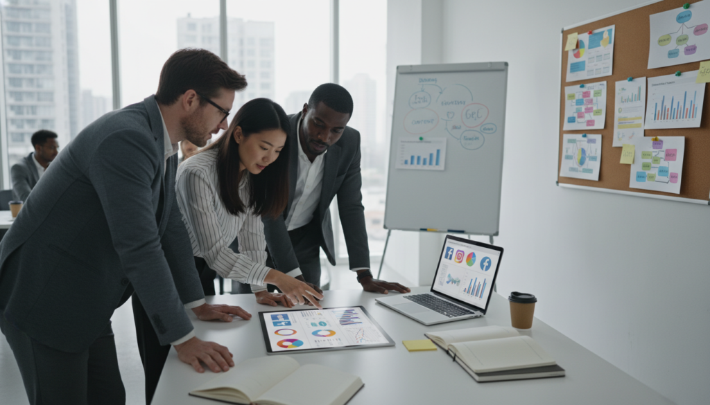 A professional workspace depicting various digital marketing strategies in action. In the foreground, a diverse group of three business professionals—two men and one woman—are actively discussing strategies while focusing on a large digital tablet showing data analytics and trends. The middle ground features a sleek desk with a laptop open, displaying graphs and social media statistics. In the background, a modern office environment with large windows allows natural light to fill the space, highlighting vibrant charts pinned on a wall and a large whiteboard filled with brainstorming ideas. The atmosphere is dynamic and collaborative, emphasizing innovation and teamwork. The lighting is bright and inviting, creating a productive mood, captured from a slightly elevated angle to provide depth. A professional workspace depicting various digital marketing strategies in action. In the foreground, a diverse group of three business professionals—two men and one woman—are actively discussing strategies while focusing on a large digital tablet showing data analytics and trends. The middle ground features a sleek desk with a laptop open, displaying graphs and social media statistics. In the background, a modern office environment with large windows allows natural light to fill the space, highlighting vibrant charts pinned on a wall and a large whiteboard filled with brainstorming ideas. The atmosphere is dynamic and collaborative, emphasizing innovation and teamwork. The lighting is bright and inviting, creating a productive mood, captured from a slightly elevated angle to provide depth.