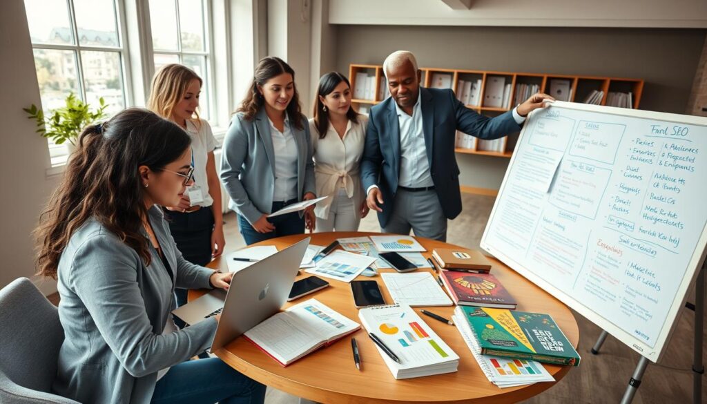 A professional workspace showcasing a diverse group of individuals collaborating on SEO strategies. In the foreground, a young woman in smart casual attire is intently analyzing data on a laptop, while a middle-aged man in a suit gestures towards a whiteboard filled with colorful charts and SEO keywords. The middle ground features a round table cluttered with notepads, digital devices, and SEO guidebooks, emphasizing teamwork. In the background, large windows let in natural light, enhancing the bright, positive atmosphere of the room. The overall mood is focused and energetic, signifying the start of a productive marketing journey. The camera angle is slightly elevated, providing a comprehensive view of the collaborative environment without any text or distractions. A professional workspace showcasing a diverse group of individuals collaborating on SEO strategies. In the foreground, a young woman in smart casual attire is intently analyzing data on a laptop, while a middle-aged man in a suit gestures towards a whiteboard filled with colorful charts and SEO keywords. The middle ground features a round table cluttered with notepads, digital devices, and SEO guidebooks, emphasizing teamwork. In the background, large windows let in natural light, enhancing the bright, positive atmosphere of the room. The overall mood is focused and energetic, signifying the start of a productive marketing journey. The camera angle is slightly elevated, providing a comprehensive view of the collaborative environment without any text or distractions.