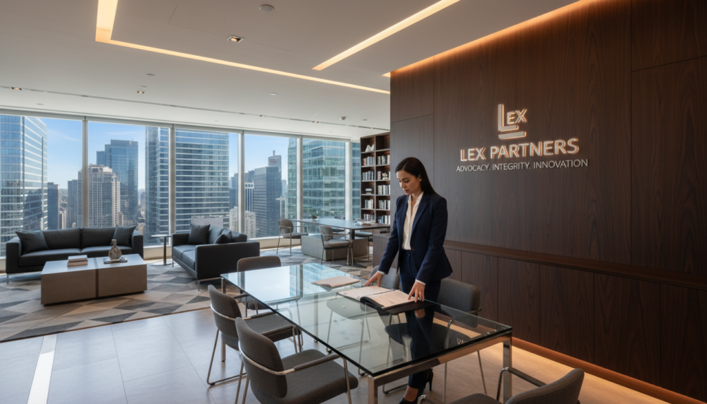 A sleek and modern law firm office interior filled with high-end, minimalist furniture and warm lighting. In the foreground, a professional woman in business attire is standing confidently at a sleek glass table, reviewing legal documents. In the middle, stylish branding elements such as a dark wood logo display featuring the firm’s name and mission statement subtly integrated into the design. The background features large windows showcasing a cityscape with a clear blue sky, adding a sense of professionalism and openness. The overall atmosphere is sophisticated and inviting, illuminated by soft, ambient lighting that highlights the elegance of the space. Use a wide-angle lens to emphasize depth and clarity, capturing the essence of a powerful law firm brand identity. A sleek and modern law firm office interior filled with high-end, minimalist furniture and warm lighting. In the foreground, a professional woman in business attire is standing confidently at a sleek glass table, reviewing legal documents. In the middle, stylish branding elements such as a dark wood logo display featuring the firm’s name and mission statement subtly integrated into the design. The background features large windows showcasing a cityscape with a clear blue sky, adding a sense of professionalism and openness. The overall atmosphere is sophisticated and inviting, illuminated by soft, ambient lighting that highlights the elegance of the space. Use a wide-angle lens to emphasize depth and clarity, capturing the essence of a powerful law firm brand identity.