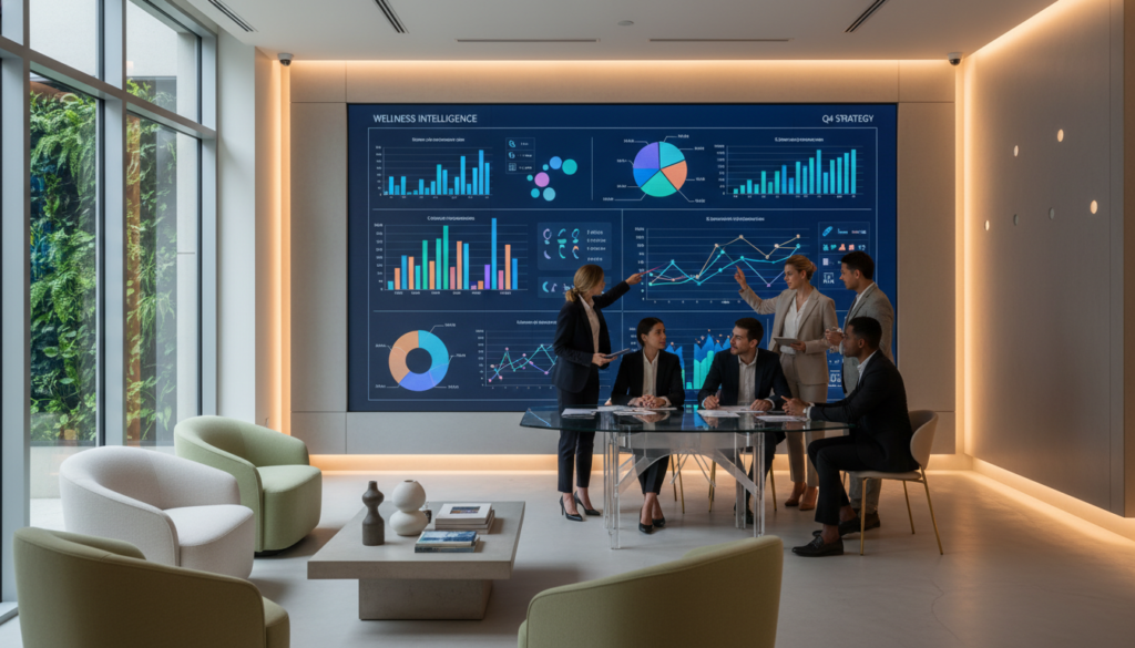 A sleek and modern medical spa environment, focusing on a large wall screen displaying colorful analytics graphs and performance metrics. In the foreground, a diverse group of professionals in smart business attire are engaged in discussion, pointing at the data on the screen, conveying collaboration and strategic planning. In the middle ground, elegant decor featuring calming colors, soft lighting, and modern furnishings create a serene atmosphere. The background includes lush greenery and soft, ambient lighting, enhancing the professional yet inviting environment of the spa. The image captures a sense of innovation and analytical thinking, ideal for a marketing strategy meeting. Bright, natural light filters through large windows, casting gentle shadows.