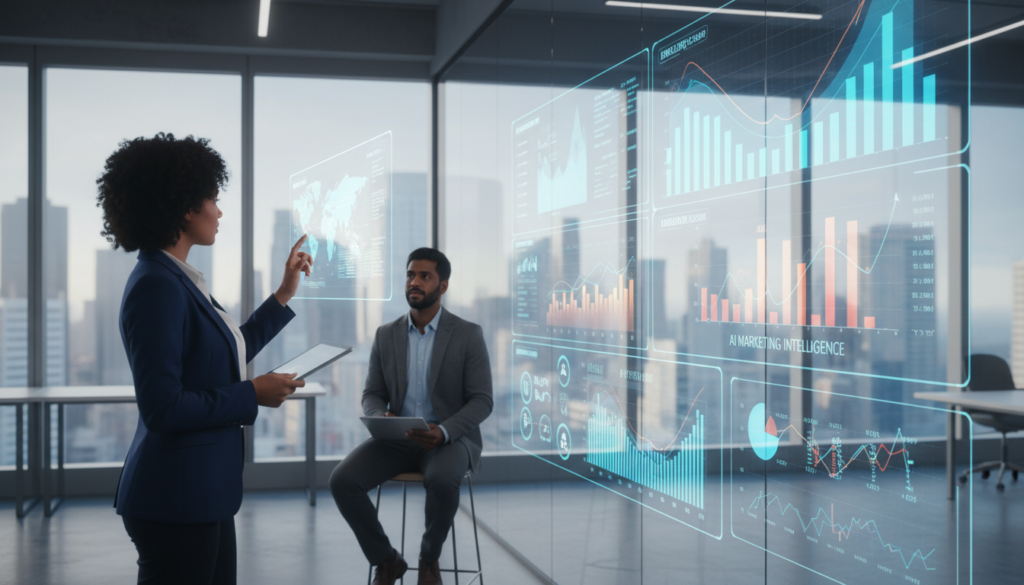 A sleek, modern office environment featuring a diverse group of professionals engaged in using advanced AI marketing tools. In the foreground, a focused woman in business attire analyzes data on a holographic screen, while a man in a smart blazer effortlessly integrates marketing strategies on his tablet. In the middle, a large wall displays dynamic graphs and metrics highlighting marketing performance. The background reveals large windows with a city skyline bathed in soft daylight, creating a productive atmosphere. The lighting is bright but soft, emphasizing the high-tech feel of the automation tools. The mood is optimistic and innovative, reflecting the potential of AI in transforming marketing strategies. A sleek, modern office environment featuring a diverse group of professionals engaged in using advanced AI marketing tools. In the foreground, a focused woman in business attire analyzes data on a holographic screen, while a man in a smart blazer effortlessly integrates marketing strategies on his tablet. In the middle, a large wall displays dynamic graphs and metrics highlighting marketing performance. The background reveals large windows with a city skyline bathed in soft daylight, creating a productive atmosphere. The lighting is bright but soft, emphasizing the high-tech feel of the automation tools. The mood is optimistic and innovative, reflecting the potential of AI in transforming marketing strategies.