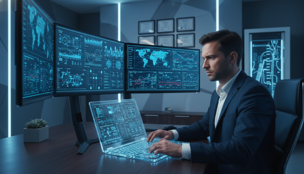 A sophisticated cyber expert sitting at a modern desk, analyzing data on multiple high-tech screens displaying cybersecurity analytics and graphs. In the foreground, a clear glass laptop reveals intricate network diagrams. The middle ground features a sleek office space with contemporary decor, showcasing security certifications on the wall. In the background, soft LED lighting highlights the professional, high-tech ambiance, creating a focused and strategic atmosphere. The lighting casts a cool blue tone, signifying trust and professionalism. Capture the scene from a slightly elevated angle, emphasizing the expert's concentration and the complexity of the data being analyzed. The overall mood should convey seriousness and expertise in cybersecurity consulting, tailored for a professional environment. A sophisticated cyber expert sitting at a modern desk, analyzing data on multiple high-tech screens displaying cybersecurity analytics and graphs. In the foreground, a clear glass laptop reveals intricate network diagrams. The middle ground features a sleek office space with contemporary decor, showcasing security certifications on the wall. In the background, soft LED lighting highlights the professional, high-tech ambiance, creating a focused and strategic atmosphere. The lighting casts a cool blue tone, signifying trust and professionalism. Capture the scene from a slightly elevated angle, emphasizing the expert's concentration and the complexity of the data being analyzed. The overall mood should convey seriousness and expertise in cybersecurity consulting, tailored for a professional environment.