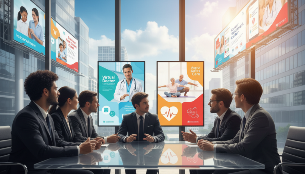 A vibrant and engaging scene depicting paid advertising in the healthcare sector. In the foreground, a diverse group of healthcare professionals in smart business attire discussing a marketing strategy, gesturing towards digital screens displaying health-related ads. The middle ground features modern billboards and digital displays, showcasing various healthcare services and treatments, creating a sense of active promotion. The background features a contemporary cityscape with a bright blue sky, symbolizing growth and opportunity. Soft, warm lighting bathes the scene, evoking a sense of professionalism and optimism. The atmosphere is dynamic and collaborative, illustrating the synergy between healthcare and marketing efforts. The image should be polished and visually appealing, without any text or distractions. A vibrant and engaging scene depicting paid advertising in the healthcare sector. In the foreground, a diverse group of healthcare professionals in smart business attire discussing a marketing strategy, gesturing towards digital screens displaying health-related ads. The middle ground features modern billboards and digital displays, showcasing various healthcare services and treatments, creating a sense of active promotion. The background features a contemporary cityscape with a bright blue sky, symbolizing growth and opportunity. Soft, warm lighting bathes the scene, evoking a sense of professionalism and optimism. The atmosphere is dynamic and collaborative, illustrating the synergy between healthcare and marketing efforts. The image should be polished and visually appealing, without any text or distractions.
