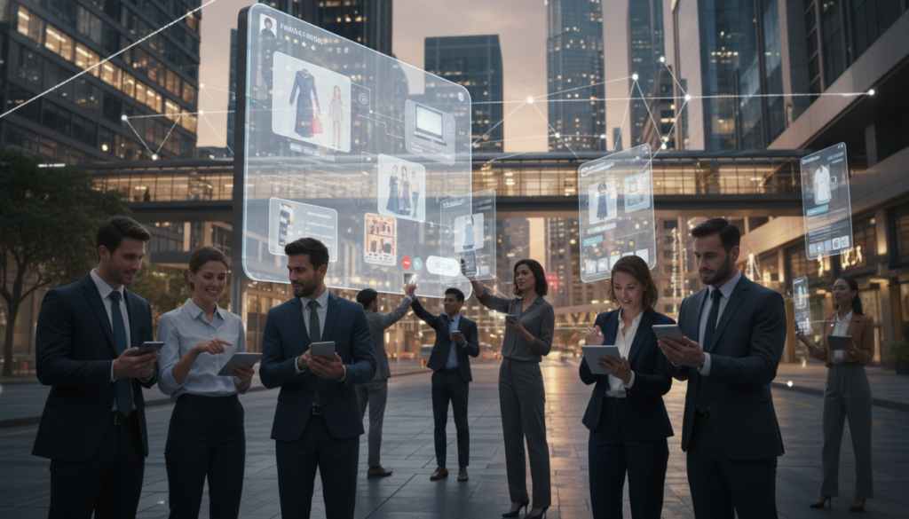 A vibrant scene showcasing social commerce in a modern urban environment. In the foreground, a diverse group of professionals in stylish business attire is engaged in conversation, holding smartphones and tablets displaying various e-commerce platforms. The middle ground features an interactive digital display showcasing a variety of products, with potential buyers examining items through augmented reality. In the background, a sleek cityscape is bathed in warm, inviting lighting, conveying a sense of innovation and connection. The atmosphere is dynamic and collaborative, blending technology and commerce seamlessly, with a focus on modern shopping experiences. The perspective is slightly elevated, capturing the energy of the bustling street. A vibrant scene showcasing social commerce in a modern urban environment. In the foreground, a diverse group of professionals in stylish business attire is engaged in conversation, holding smartphones and tablets displaying various e-commerce platforms. The middle ground features an interactive digital display showcasing a variety of products, with potential buyers examining items through augmented reality. In the background, a sleek cityscape is bathed in warm, inviting lighting, conveying a sense of innovation and connection. The atmosphere is dynamic and collaborative, blending technology and commerce seamlessly, with a focus on modern shopping experiences. The perspective is slightly elevated, capturing the energy of the bustling street.