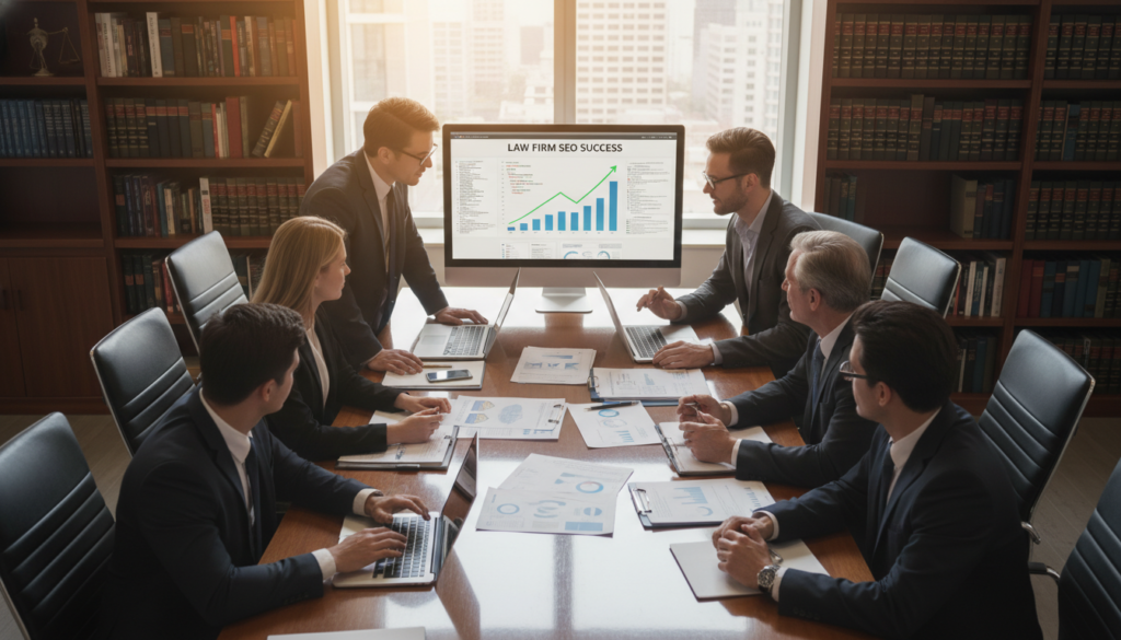 A visually compelling representation of search engine optimization specifically for law firms. In the foreground, a diverse group of professionals in business attire, including men and women of various ethnicities, intensely discusses digital marketing strategies around a sleek conference table filled with laptops and charts. In the middle ground, a large screen displays graphs and analytics associated with SEO, with an upward trend line highlighting growth. The background features shelves of legal books and a modern office environment, hinting at the legal industry. Soft, natural lighting illuminates the scene, creating a focused and collaborative atmosphere. The camera angle is slightly elevated, providing a panoramic view that captures the dynamic interplay between the professionals and their digital tools, emphasizing the importance of SEO in their marketing efforts. A visually compelling representation of search engine optimization specifically for law firms. In the foreground, a diverse group of professionals in business attire, including men and women of various ethnicities, intensely discusses digital marketing strategies around a sleek conference table filled with laptops and charts. In the middle ground, a large screen displays graphs and analytics associated with SEO, with an upward trend line highlighting growth. The background features shelves of legal books and a modern office environment, hinting at the legal industry. Soft, natural lighting illuminates the scene, creating a focused and collaborative atmosphere. The camera angle is slightly elevated, providing a panoramic view that captures the dynamic interplay between the professionals and their digital tools, emphasizing the importance of SEO in their marketing efforts.