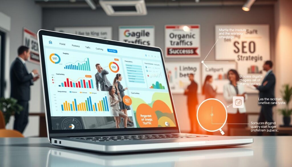 A visually engaging infographic illustrating the "SEO Methodology Process" for digital marketing. In the foreground, feature a sleek laptop displaying a colorful dashboard with SEO analytics, surrounded by business charts and graphs representing organic traffic growth. The middle layer should showcase diverse professionals in business attire collaborating, pointing at the screen, and discussing strategies. In the background, include a modern office environment with motivational posters about SEO success and a bright window letting in natural light to create an optimistic atmosphere. Use soft lighting to enhance focus on the laptop and graphics, with a slight depth of field effect to draw attention to the foreground elements while keeping the background slightly blurred. The overall mood should be professional, energetic, and innovative, conveying teamwork and progress in SEO strategies. A visually engaging infographic illustrating the "SEO Methodology Process" for digital marketing. In the foreground, feature a sleek laptop displaying a colorful dashboard with SEO analytics, surrounded by business charts and graphs representing organic traffic growth. The middle layer should showcase diverse professionals in business attire collaborating, pointing at the screen, and discussing strategies. In the background, include a modern office environment with motivational posters about SEO success and a bright window letting in natural light to create an optimistic atmosphere. Use soft lighting to enhance focus on the laptop and graphics, with a slight depth of field effect to draw attention to the foreground elements while keeping the background slightly blurred. The overall mood should be professional, energetic, and innovative, conveying teamwork and progress in SEO strategies.