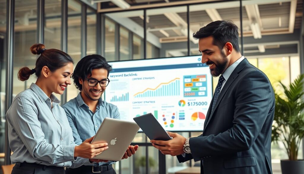 A visually striking representation of "organic search optimization" for digital marketing. In the foreground, a diverse group of three professionals in smart business attire are collaborating around a laptop, showing analytical graphs and SEO data. They exhibit a focused yet enthusiastic demeanor, sharing ideas and strategies. The middle layer features a large digital screen displaying a colorful infographic of keyword trends, backlinks, and content strategies, conveying teamwork and insight. In the background, a modern office setting with glass walls, bright natural lighting, and green plants to symbolize growth and freshness. The atmosphere should feel dynamic and inspiring, emphasizing innovation in SEO tactics and strategic content creation.
