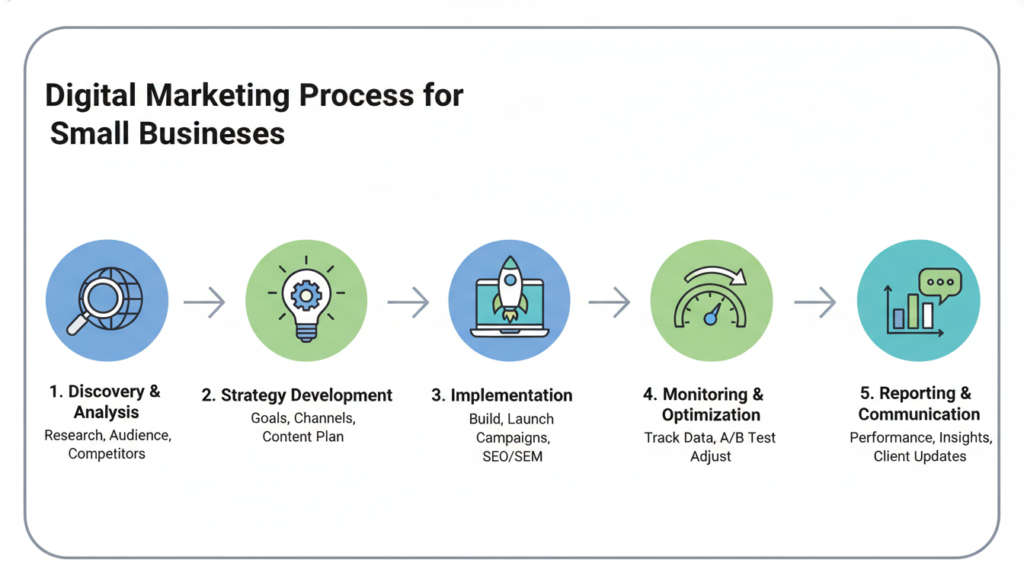 Small business digital marketing process showing strategy development and implementation Small business digital marketing process showing strategy development and implementation