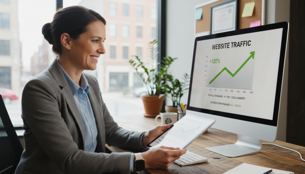 Small business owner seeing benefits of search engine optimization with increased traffic and customers